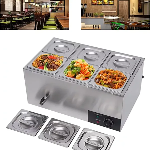 110V Food Soup Warmer 6 Pan,Table Food Grade Stainelss Steel Countertop Commercial Canteen Buffet Server Steam Stove Heater