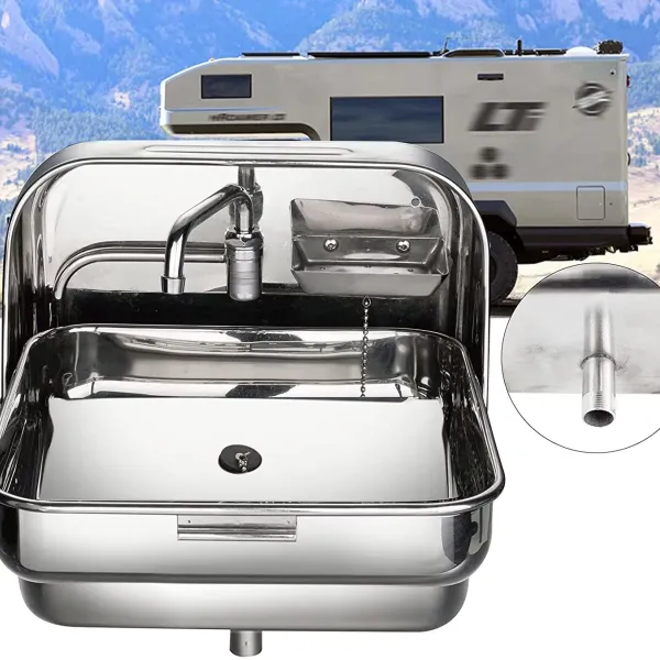 KITNEED 14.56" Stainless Steel Caravan Boat RV Camping Wall Mount Folding Sink with Cold Water Tap and Waste Outlet