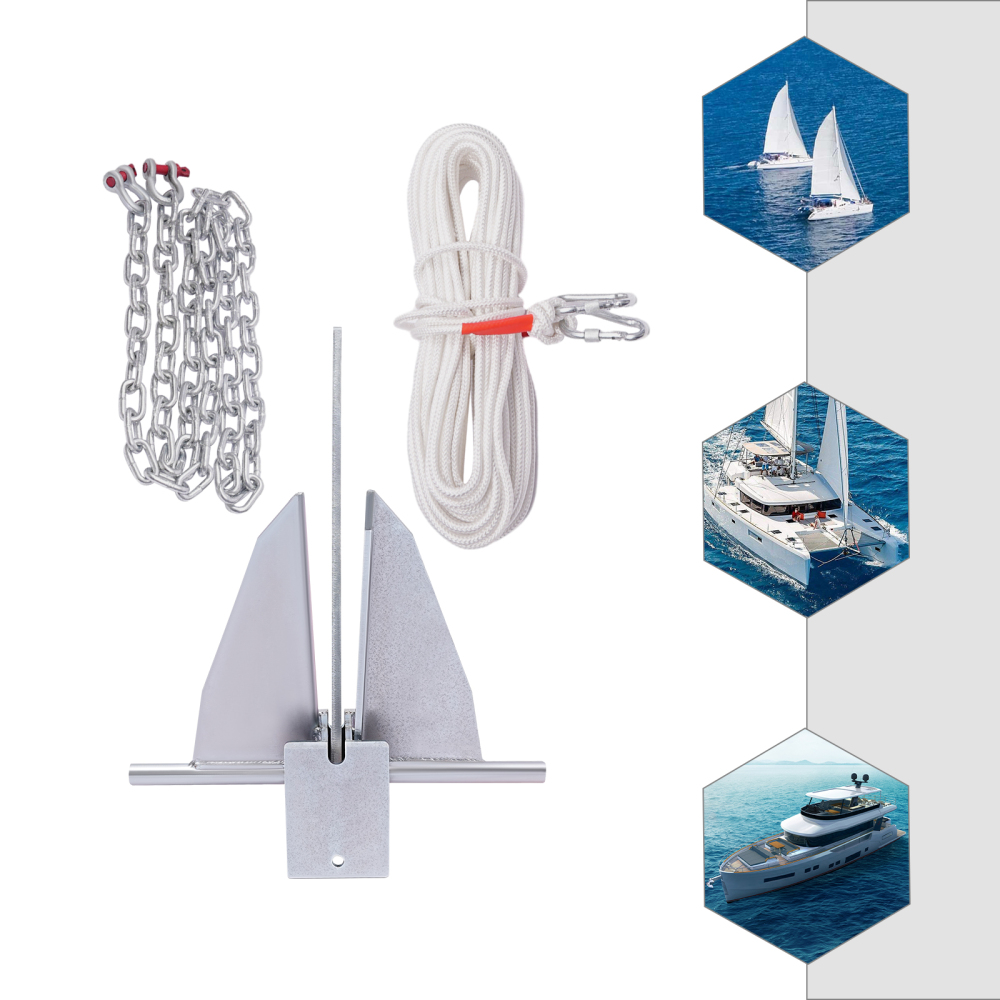 13LB Portable Galvanized Anchor Kit, Boat Anchor Kit, Boat Hook Kit for most boats such as pontoons, center consoles, deck boats, sailboats, and large boats.