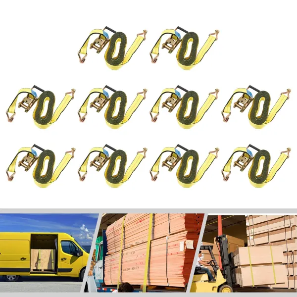 Cargo Control Ratchet Tie Down Straps - 2 Inch x 27 Foot Ratchet Straps with Double J Hooks - Yellow Ratchet Straps - 10 Pack