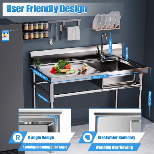 KITNEED 47" Stainless Steel Sink Utility Compartment Commercial Kitchen Restaurant Laundry Sink Drain Board KITNEED 47" Stainless Steel Sink Utility Compartment Commercial Kitchen Restaurant Laundry Sink Drain Board