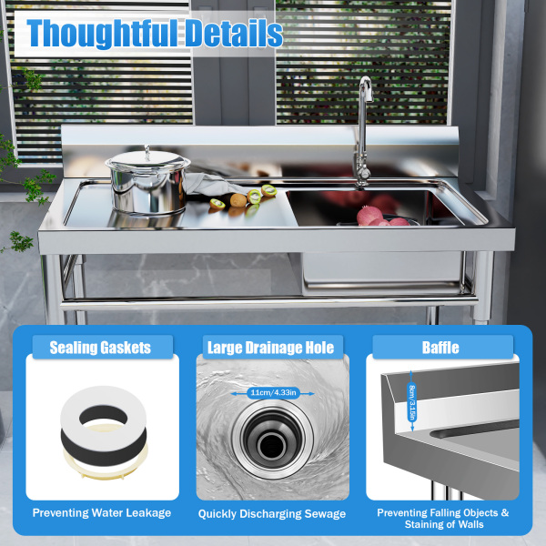 120x60x80cm 1 Compartment Commercial Kitchen Sink Restaurant Sink Utility Sink 304 Stainless Steel Utility Sink
