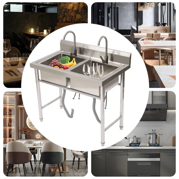 KITNEED 39.3" Commercial Stainless Steel Sink with 2 Compartments, Free Standing Restaurant Sink Station, Kitchen Prep & Utility Sink