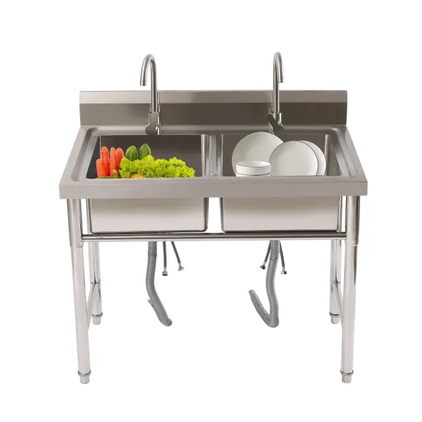 KITNEED 39.3" Commercial Stainless Steel Sink with 2 Compartments, Free Standing Restaurant Sink Station, Kitchen Prep & Utility Sink