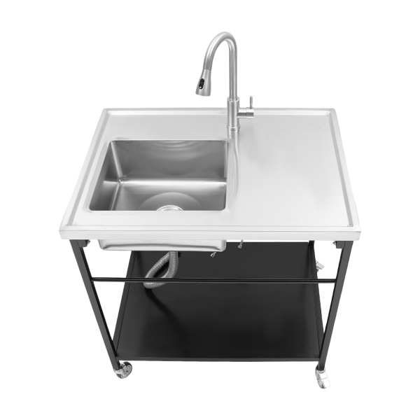 Outdoor Sink Station Free Standing Sink Sink with Single Bowl Ideal For Homes Restaurants Hotels Bars Cafes Kitchens 35.4*24*36.2in Silver