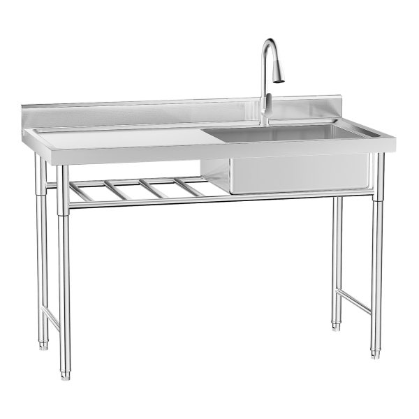 KITNEED Load-bearing 300kg/661lbs Free-Standing 201 Non-magnetic Stainless Steel Thickened Commercial Sink Prep Table w/ 360°Faucet