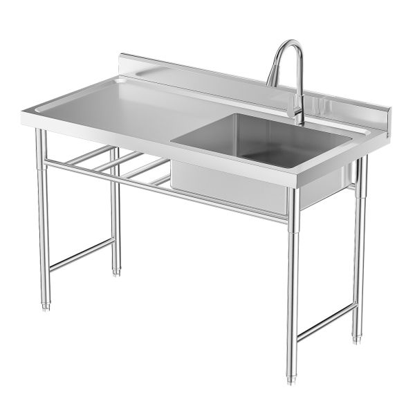 KITNEED Load-bearing 300kg/661lbs Free-Standing 201 Non-magnetic Stainless Steel Thickened Commercial Sink Prep Table w/ 360°Faucet