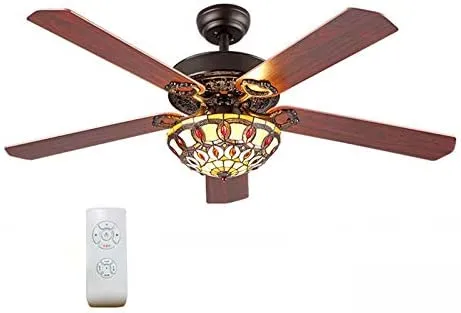 Tiffany Style Ceiling Fan Light With Remote Control 52 Inch Mediterranean Style Stained Glass Vintage Ceiling Fan For Living Room Bedroom