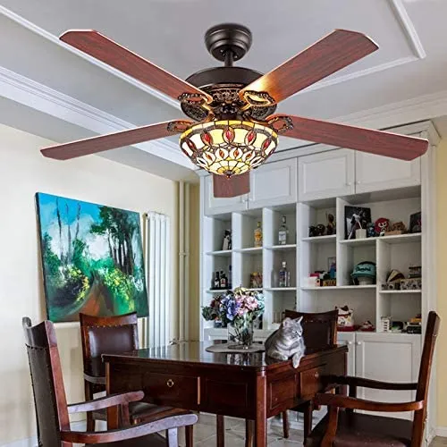 Tiffany Style Ceiling Fan Light With Remote Control 52 Inch Mediterranean Style Stained Glass Vintage Ceiling Fan For Living Room Bedroom Tiffany Style Ceiling Fan Light With Remote Control 52 Inch Mediterranean Style Stained Glass Vintage Ceiling Fan For Living Room Bedroom