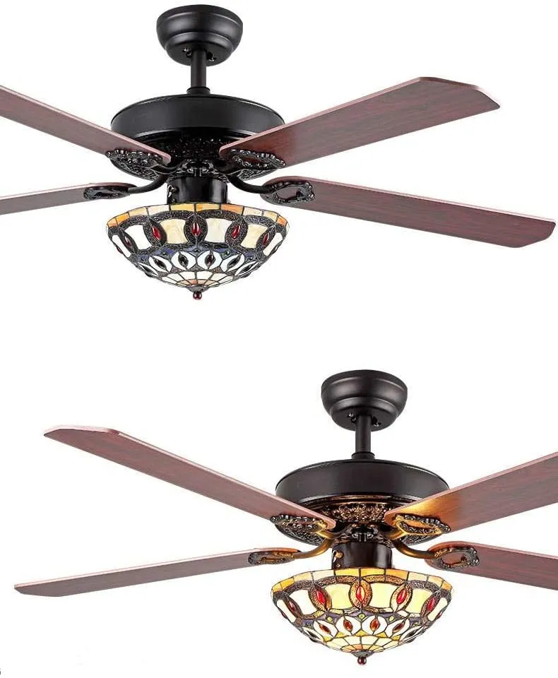 Tiffany Style Ceiling Fan Light With Remote Control 52 Inch Mediterranean Style Stained Glass Vintage Ceiling Fan For Living Room Bedroom