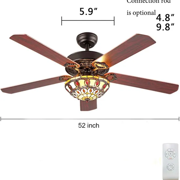 Tiffany Style Ceiling Fan Light With Remote Control 52 Inch Mediterranean Style Stained Glass Vintage Ceiling Fan For Living Room Bedroom