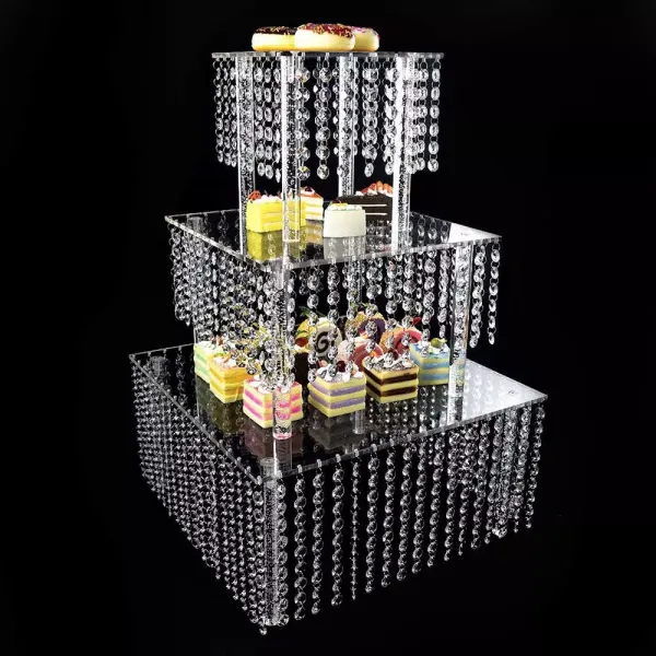 3 Tier Square Acrylic Crystal Beaded Chandelier Cake Stand
