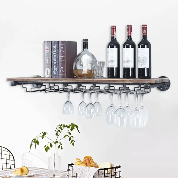 Industrial Pipe Shelving Hanging Stemware Racks-Rustic Wall Mounted Wine Rack with Glass Holder-Metal Real Wood Shelf Wall Shelf