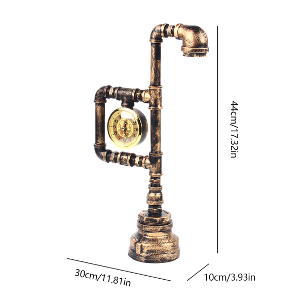 Antique Brass Single Lamp LED Table Lamp with Clock, Durable Retro Antique Lamp, Water Pipe Table Lamp