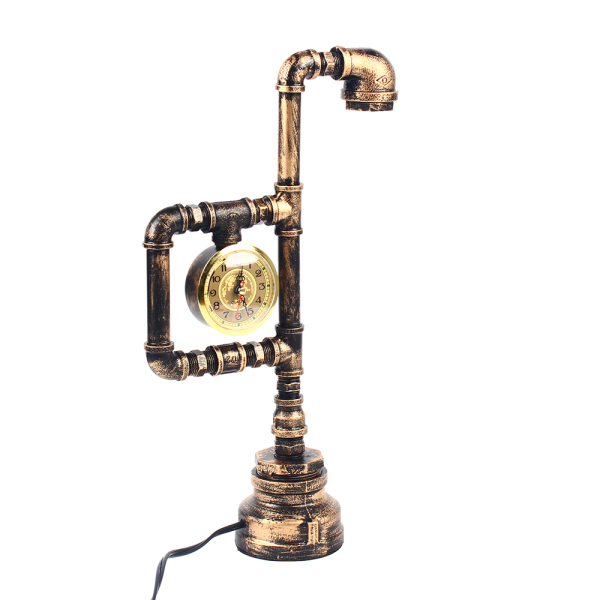 Antique Brass Single Lamp LED Table Lamp with Clock, Durable Retro Antique Lamp, Water Pipe Table Lamp