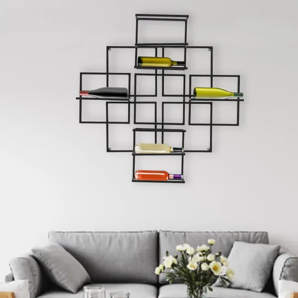Black Wall Mounted Wine Rack for 8 Bottles, Metal Wine Rack Fashion Hanging Wine Storage Display Rack Holder Square Wine Bottle Rack