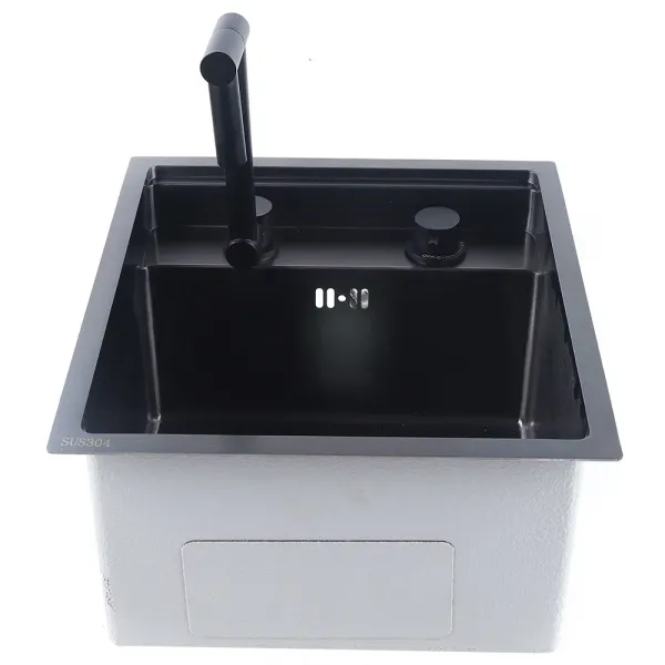 Hidden Kitchen Square Sink Single Bowl Sink Stainless Steel Sink+Folding Faucet