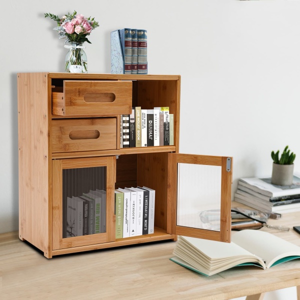 42*23*48cm Floor Mount Kitchen Pantry Sideboard Wood Color Bamboo Kitchen Pantry Kitchen Storage Cabinet with Double-Drawer