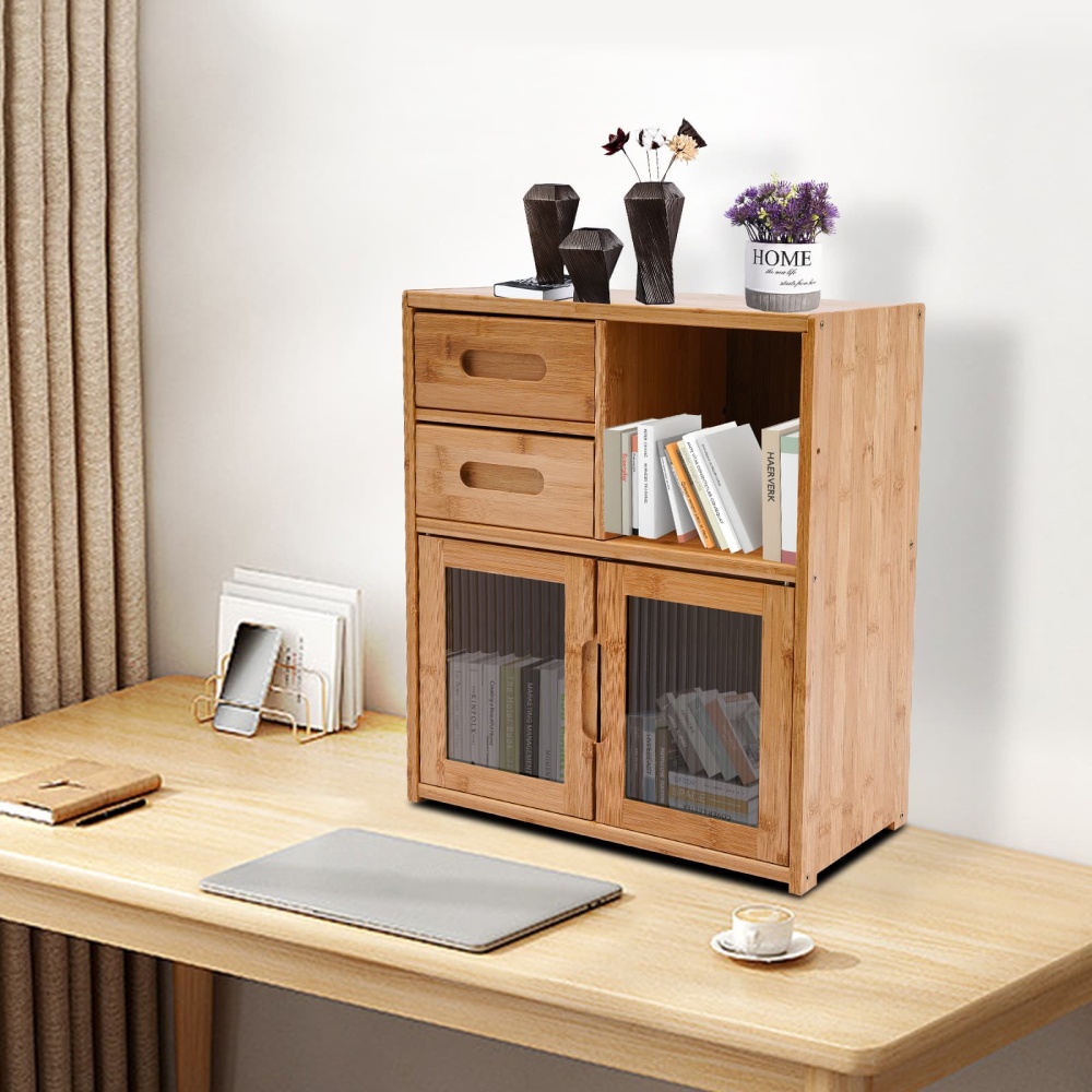 42*23*48cm Floor Mount Kitchen Pantry Sideboard Wood Color Bamboo Kitchen Pantry Kitchen Storage Cabinet with Double-Drawer