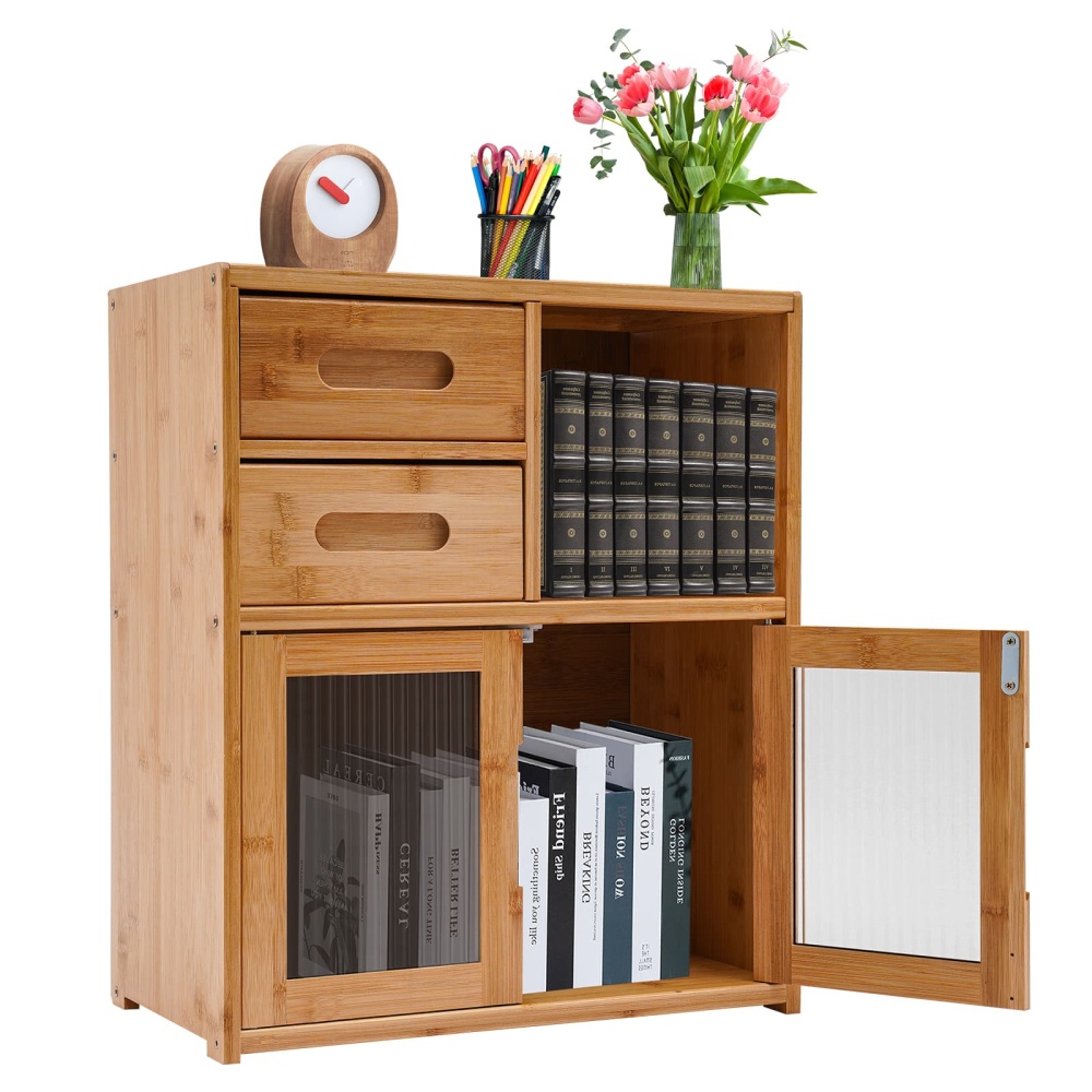 42*23*48cm Floor Mount Kitchen Pantry Sideboard Wood Color Bamboo Kitchen Pantry Kitchen Storage Cabinet with Double-Drawer