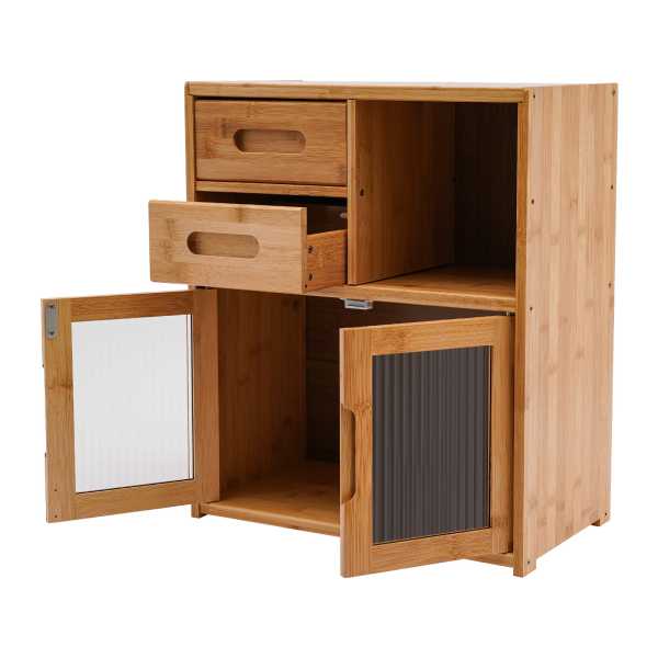 42*23*48cm Floor Mount Kitchen Pantry Sideboard Wood Color Bamboo Kitchen Pantry Kitchen Storage Cabinet with Double-Drawer