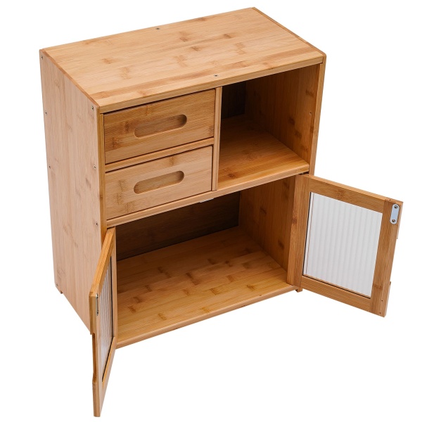 42*23*48cm Floor Mount Kitchen Pantry Sideboard Wood Color Bamboo Kitchen Pantry Kitchen Storage Cabinet with Double-Drawer