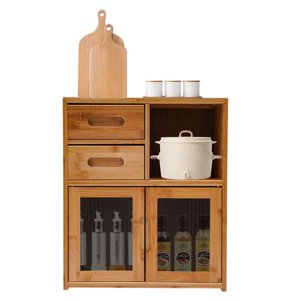42*23*48cm Floor Mount Kitchen Pantry Sideboard Wood Color Bamboo Kitchen Pantry Kitchen Storage Cabinet with Double-Drawer