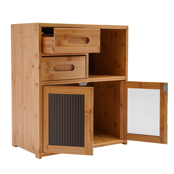 42*23*48cm Floor Mount Kitchen Pantry Sideboard Wood Color Bamboo Kitchen Pantry Kitchen Storage Cabinet with Double-Drawer