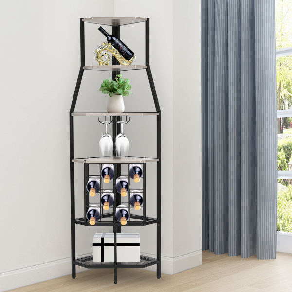 5-Tier Freestanding Corner Wine Rack, with Glass Holder, for Home Kitchen Dining Room Corner Shelf, Gray