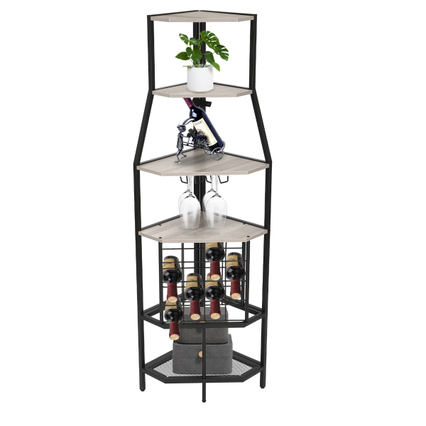 5-Tier Freestanding Corner Wine Rack, with Glass Holder, for Home Kitchen Dining Room Corner Shelf, Gray