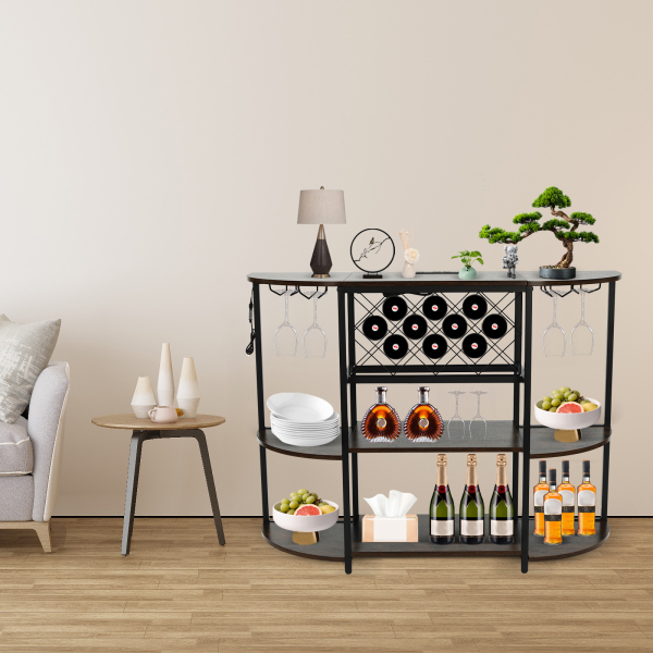 15.8"D x 47.5"W x 36"H Wine Rack Table with LED Light, Metal Coffee Bar Cabinet with Outlet and LED Light, Freestanding Floor Table - Brown
