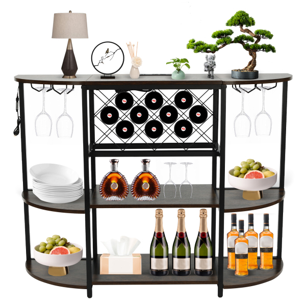 15.8"D x 47.5"W x 36"H Wine Rack Table with LED Light, Metal Coffee Bar Cabinet with Outlet and LED Light, Freestanding Floor Table - Brown