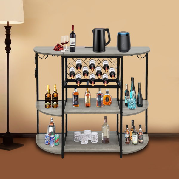15.8"D x 47.5"W x 36"H Wine Rack Table with LED Light, Metal Coffee Bar Cabinet with Outlet and LED Light, Freestanding Floor Table - Gray