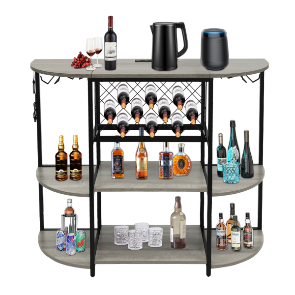 15.8"D x 47.5"W x 36"H Wine Rack Table with LED Light, Metal Coffee Bar Cabinet with Outlet and LED Light, Freestanding Floor Table - Gray