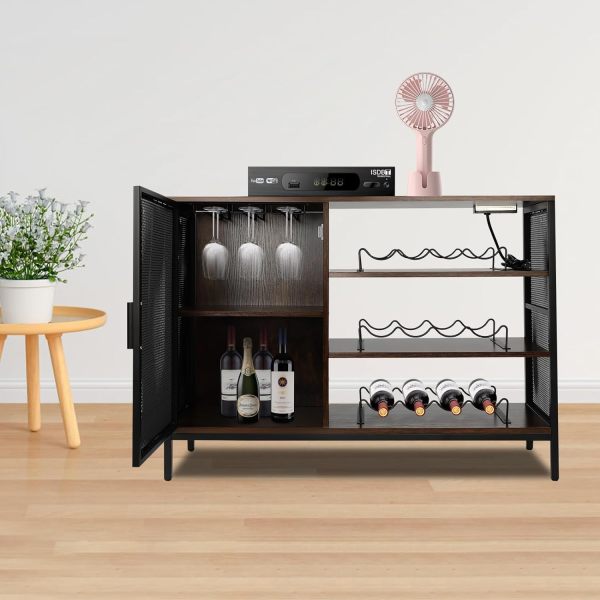 Industrial Coffee Bar Cabinet for Liquor and Glasses, Farmhouse Bar Cabinet with Removable Wine Racks