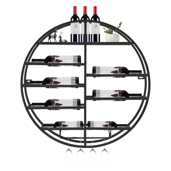 Round Iron 60*11cm Wall Mounted Round Wine Rack, Wine Display Rack, Wine Shelf with Glass Holder Black