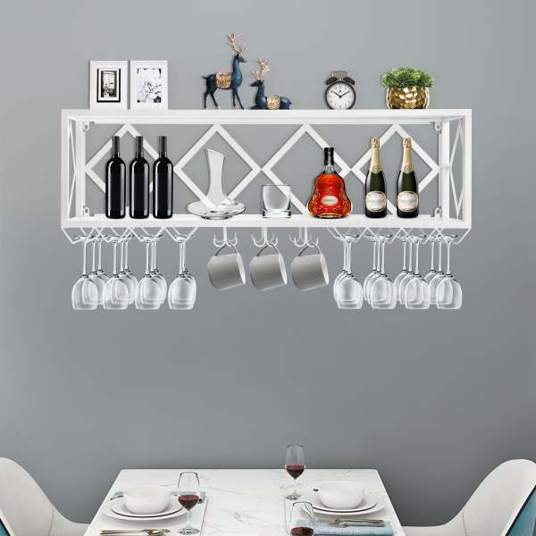 Bar Unit Floating Shelves Wall-Mounted Inverted Wine Glass Rack Multifunctional Iron Bottle Holder White