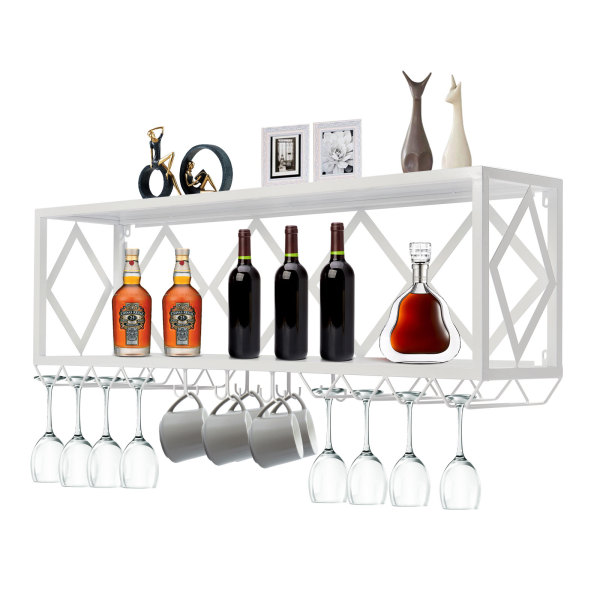 Bar Unit Floating Shelves Wall-Mounted Inverted Wine Glass Rack Multifunctional Iron Bottle Holder White