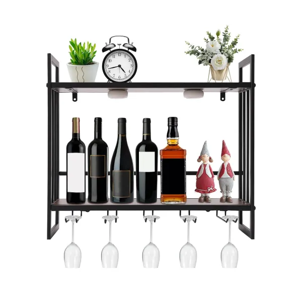 LED Wine Rack Wall Mounted, Wine Bottle Rack, 23.6In Metal Hanging Wine Holder with 5 Stem Glass Holders for Wine Glasses