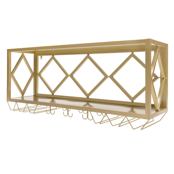 Gold Bar Floating Shelves Wall-Mounted Inverted Wine Glass Rack Simple Hanging Goblet Rack with Partitions