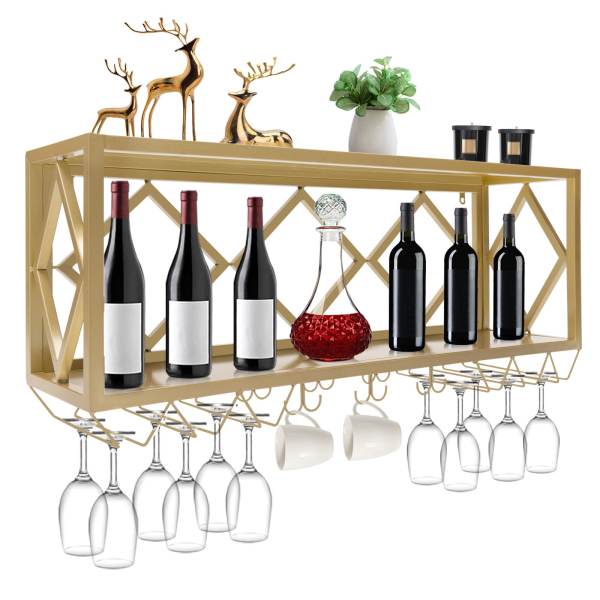 Gold Bar Floating Shelves Wall-Mounted Inverted Wine Glass Rack Simple Hanging Goblet Rack with Partitions