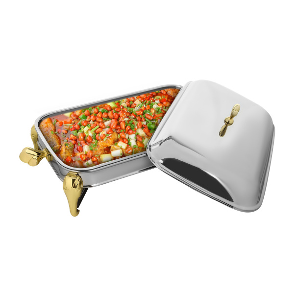 Chafing Dish Buffet Set Server Stainless Steel Chafing Dishes Oven Safe Glass Rectangle Food Warmer for Parties 2.9L Gold