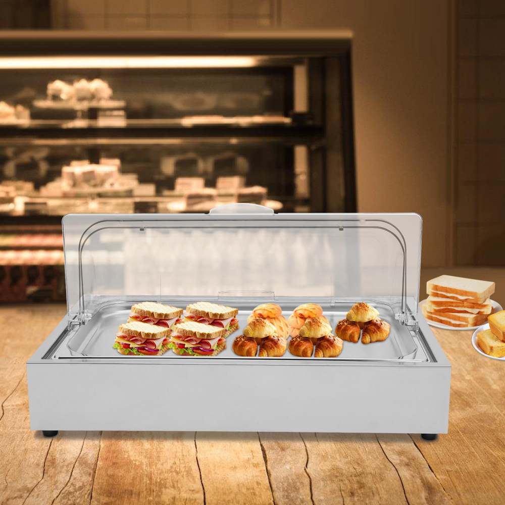 Ice Food Serving Display Tray with Clear Roll Top Cover, Buffet Cold Serving Cooler Platter, Cooling Food Dishes Display Plate