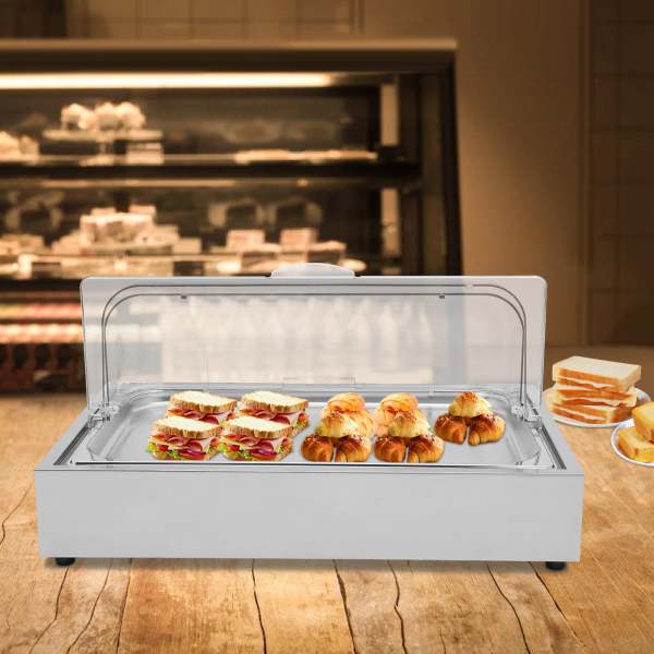 Ice Food Serving Display Tray with Clear Roll Top Cover, Buffet Cold Serving Cooler Platter, Cooling Food Dishes Display Plate