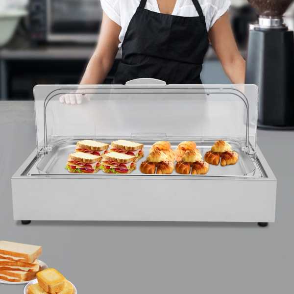 Ice Food Serving Display Tray with Clear Roll Top Cover, Buffet Cold Serving Cooler Platter, Cooling Food Dishes Display Plate