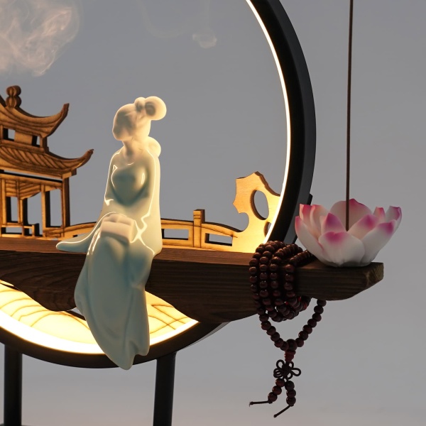 Home Waterfall Ceramic Backflow Incense Burner Holder, Round, Lotus Heart, Windproof
