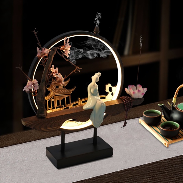 Home Waterfall Ceramic Backflow Incense Burner Holder, Round, Lotus Heart, Windproof