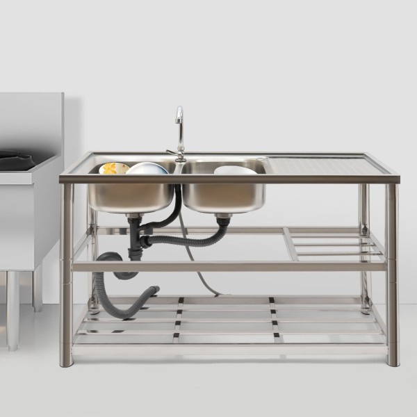 100kg/200.46 lbs Freestanding Stainless Steel Sink 2 Basins Commercial with Tap and Drain Unit Multifunctional Wash Basin