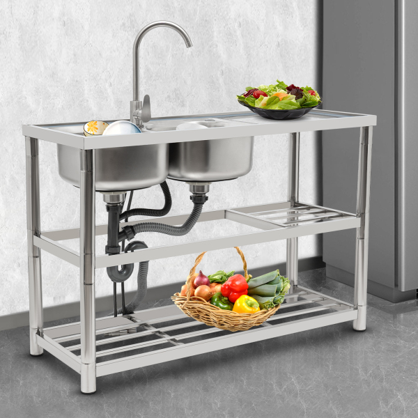 Restaurant Kitchen Sink, Free Standing Commercial Kitchen Sink Set, Stainless Steel Sink (left double basin three-layer + hot and cold water faucet)