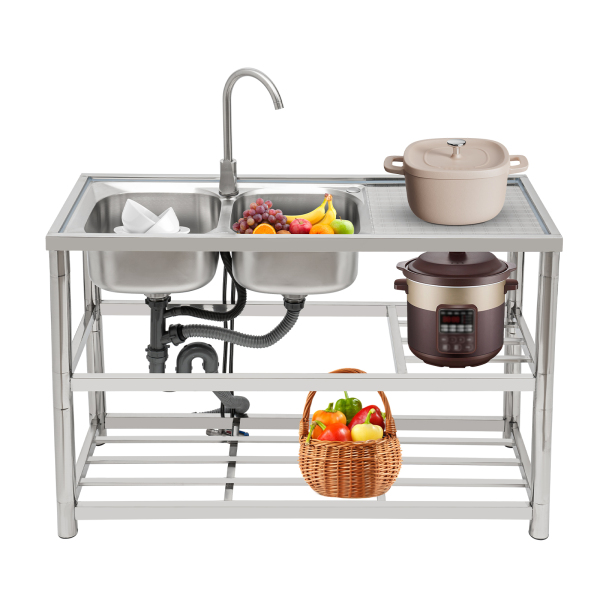 Restaurant Kitchen Sink, Free Standing Commercial Kitchen Sink Set, Stainless Steel Sink (left double basin three-layer + hot and cold water faucet)